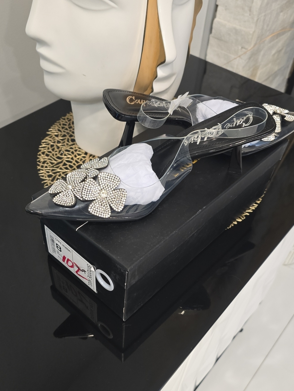 Cape Robbin Black Clear Floral Crystal Mules